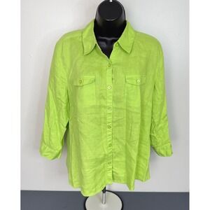 Kim Rogers Women's Linen Classic Button Front Shirt Green Petite Large Preppy